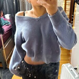 Cozy V-Neck Off shoulder Sweater - Periwinkle/Blue Lavender